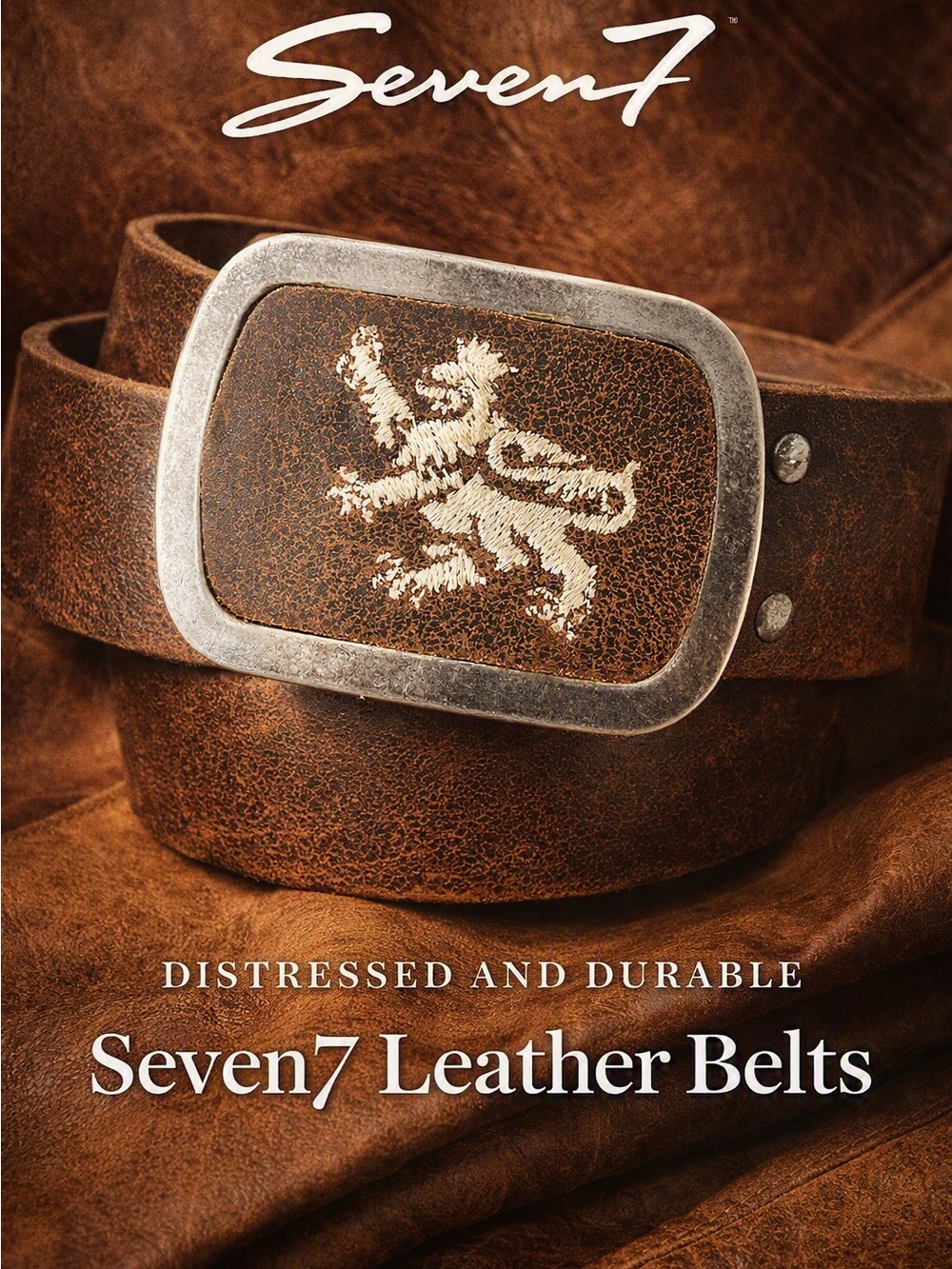 Seven7 distress brown leather belt heraldic lion weathered silver buckle 34”